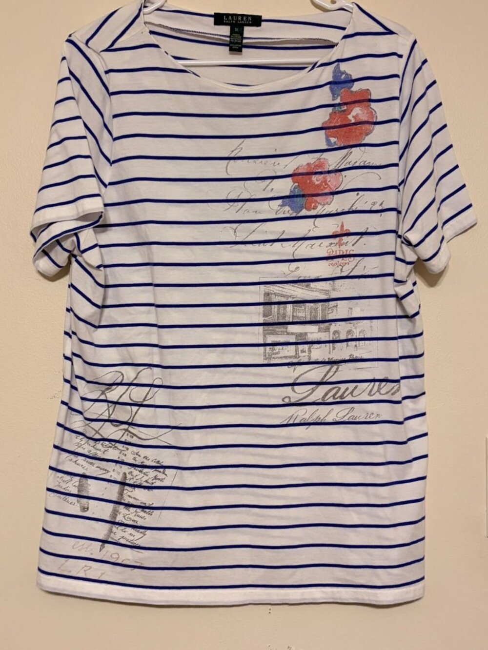 Women's LRL Lauren Ralph Lauren Striped Blue White Graphic Tee Size 1X